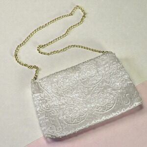 VTG La Regale Evening Bag Womens White Beaded Satin Clutch Purse Gold Chain